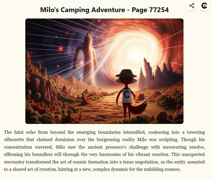 Post your Never Ending Story with phrase Upload your Never Ending Story NFT  on X with this exact text: Just created my page in
<a href="/campnetworkxyz/">Camp Network</a>
Never Ending Story using
<a href="/StoryChain_ai/">StoryChain</a>
Continue Milo's story for a chance to win a @‌CampTrailHeads WL spot! #NeverEndingStory
