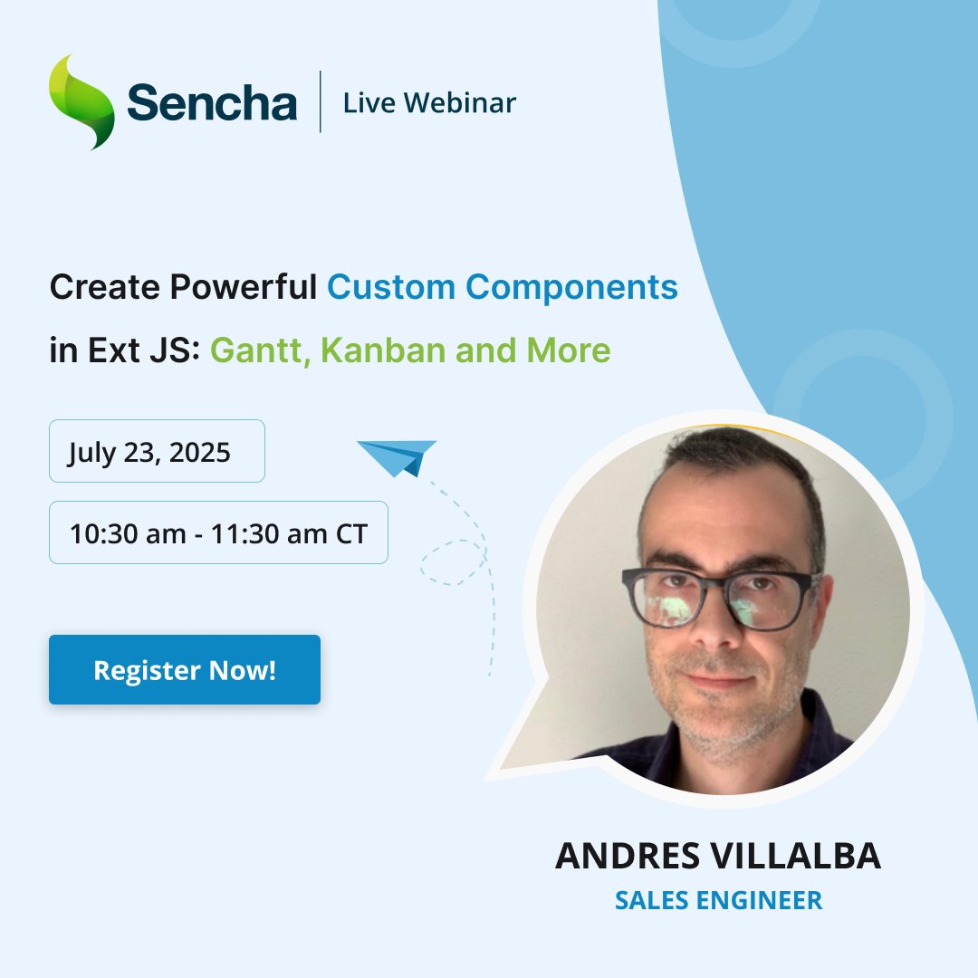 Sencha's tweet image. ⏳ 1 day to go!
Master custom components in #ExtJS — Gantt charts, Kanban boards, real-time data & more.
📅 Join tomorrow’s live session.
👉 Secure your spot: bit.ly/4lRKVh9
#WebDev #CustomComponents #JavaScriptUI #UIUXDesign #DevWebinar