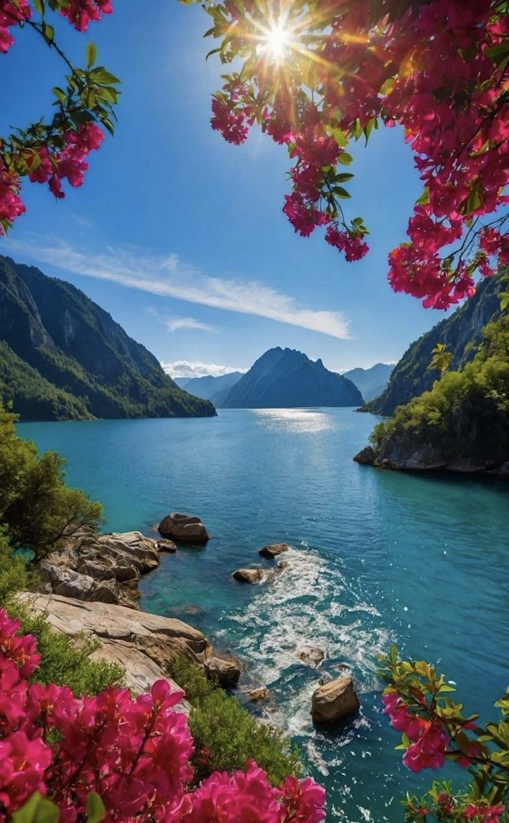 Sunshine with a fragrant breeze,
ocean blue embrace with a smile &amp; 
red blossom kisses with a gentle caress.

Good morning beautiful souls🩵.*•🌺🍃