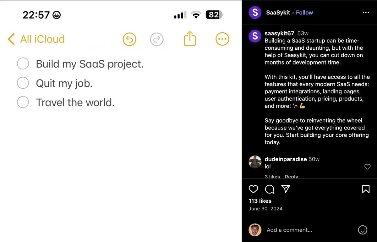 marc_louvion's tweet image. Someone copied my Instagram ad word for word.
That’s exactly what you should do.
Ads you see on the internet are proven to work. Just copy them to promote your startup, no need to reinvent the wheel.