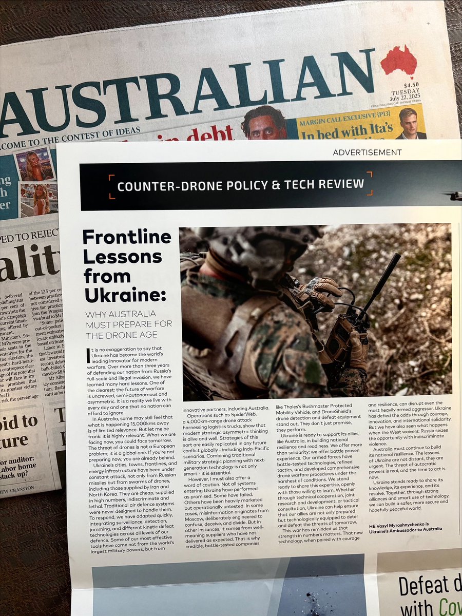 AmbVasyl's tweet image. Modern warfare is evolving rapidly, and Ukraine’s innovative use of technology on the battlefield is remarkable. Australia stands to gain valuable insights—particularly in autonomous systems—by studying and investing in Ukraine’s military tech. Read more in my op-ed, featured in…