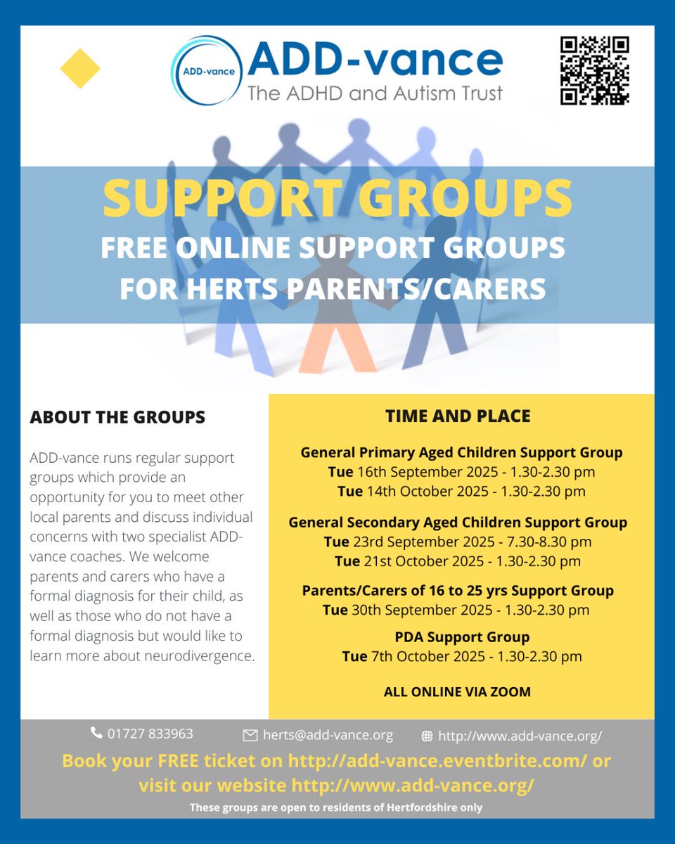 VanceAdd's tweet image. We are delighted to announce that our first half term autumn programme of support groups are now open for booking.
For more information & to book your FREE place, please click the link to go to Eventbrite: eventbrite.co.uk/cc/support-gro…
#supportgroup #supportgroups #support