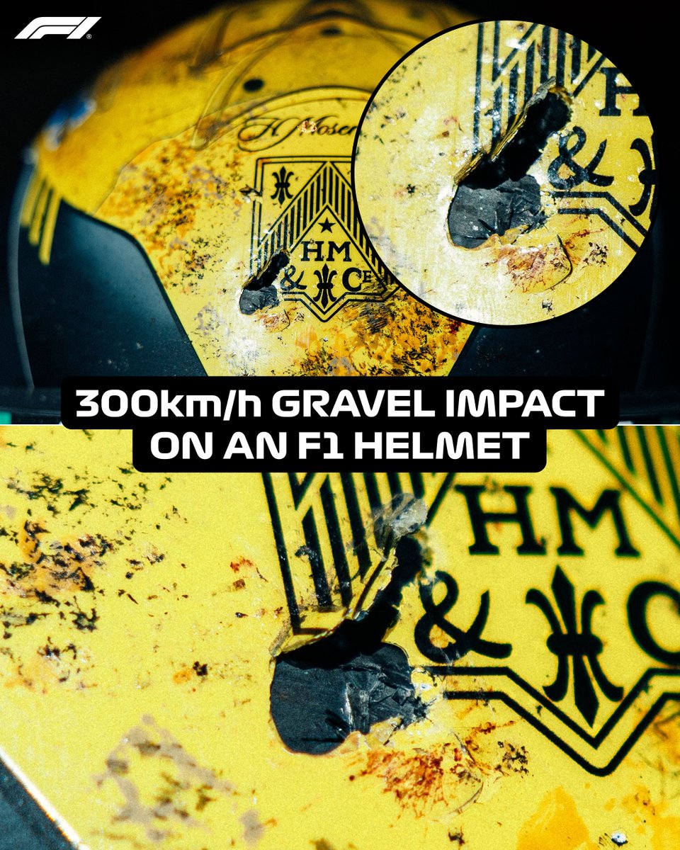 F1's tweet image. Protecting our drivers beyond the 300km/h mark 💪
This is what a piece of gravel did to Pierre Gasly's helmet in Belgium last year 🔎
#F1 #BelgianGP