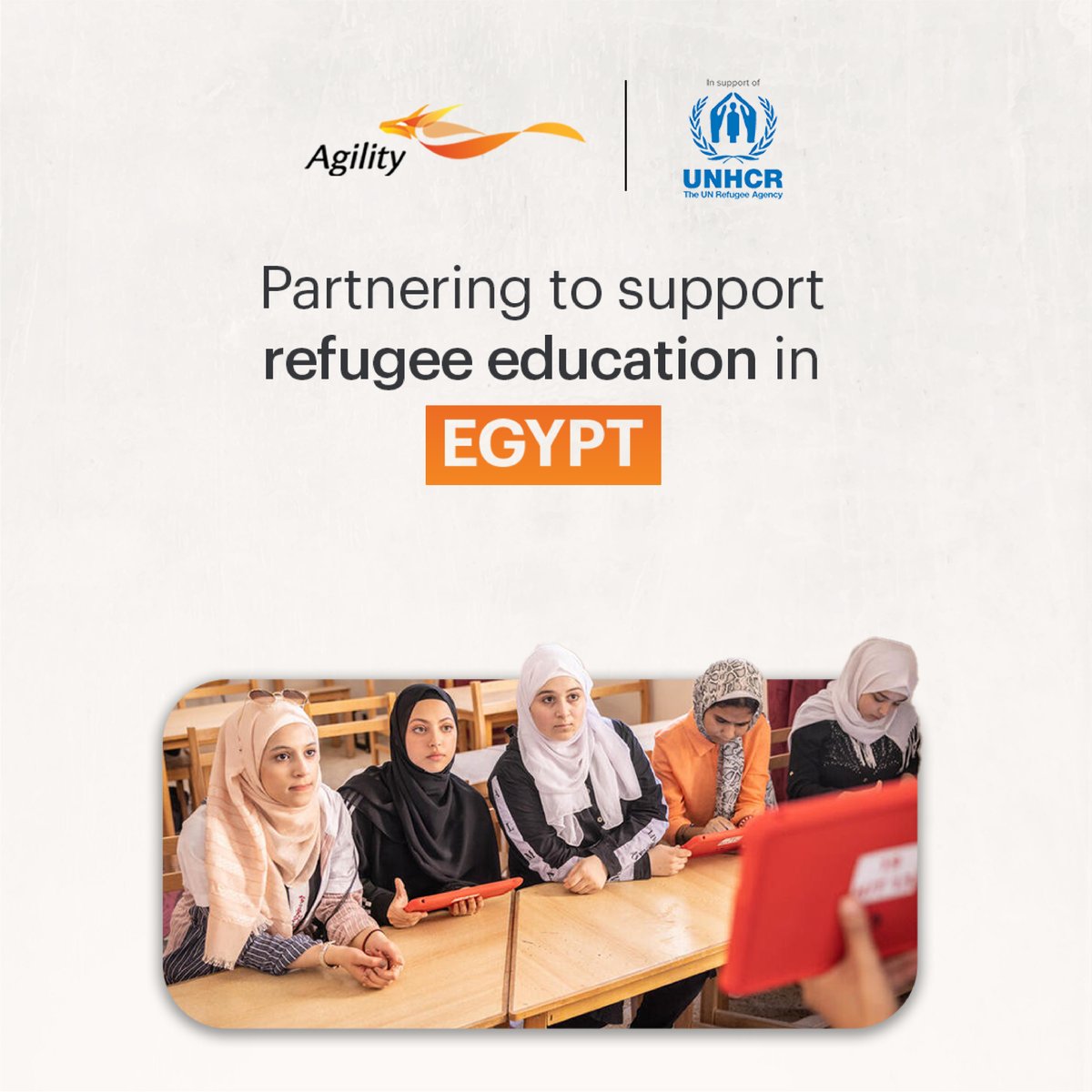 agilityglobalx's tweet photo. Through our continued partnership with UNHCR, Agility Global is helping ensure 2,000+ refugee students in Egypt access education during the 2025–2026 academic year.

Education grants will ease financial pressure on families, support school enrollment, and empower children with the tools they need to thrive — today and in the future.

#Agility #UNHCR #EducationForAll