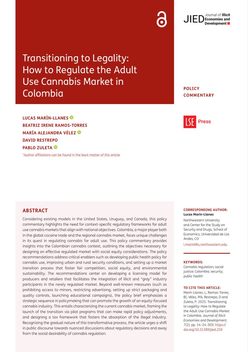 Lucas Marín Llanes (@lucas_marinll) on Twitter photo 🚨¡Nuevo artículo!🚨¿Cómo regular el mercado de cannabis para uso adulto en Colombia? En <a href="/IllicitEcons/">Illicit Economies & Development</a> unas recomendaciones para implementar un enfoque de salud pública, mejorar las condiciones de seguridad y generar oportunidades socioeconómicas.
jied.lse.ac.uk/articles/10.31… 🚨¡Nuevo artículo!🚨¿Cómo regular el mercado de cannabis para uso adulto en Colombia? En <a href="/IllicitEcons/">Illicit Economies & Development</a> unas recomendaciones para implementar un enfoque de salud pública, mejorar las condiciones de seguridad y generar oportunidades socioeconómicas.
jied.lse.ac.uk/articles/10.31…