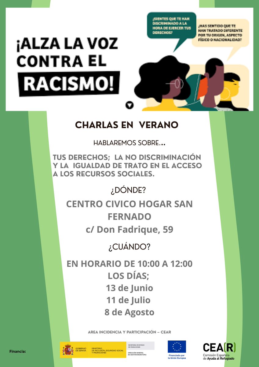 CEAR Andalucia (@cear_andalucia) on Twitter photo 📢🌞 ¡Última charla del verano! Hablamos de no discriminación y acceso igualitario a recursos sociales
🗓 Viernes 08/08 | 10h - 12h
📍 C.C Hogar San Fernando #Sevilla
🫱🏼🫲🏾 Actividad enmarcada en el proyecto #AlzaLaVozContraElRacismo de CEAR, financiado por <a href="/inclusiongob/">Ministerio Inclusión Seguridad Social Migraciones</a> y (FSE+) 📢🌞 ¡Última charla del verano! Hablamos de no discriminación y acceso igualitario a recursos sociales
🗓 Viernes 08/08 | 10h - 12h
📍 C.C Hogar San Fernando #Sevilla
🫱🏼🫲🏾 Actividad enmarcada en el proyecto #AlzaLaVozContraElRacismo de CEAR, financiado por <a href="/inclusiongob/">Ministerio Inclusión Seguridad Social Migraciones</a> y (FSE+)