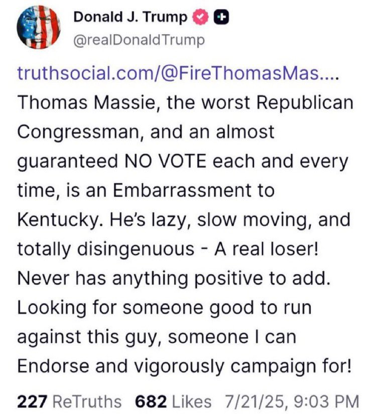 LiberateSD's tweet image. Trump really needs to stop attacking @RepThomasMassie. It only hurts him and the GOP when he does.
Will he ever learn?