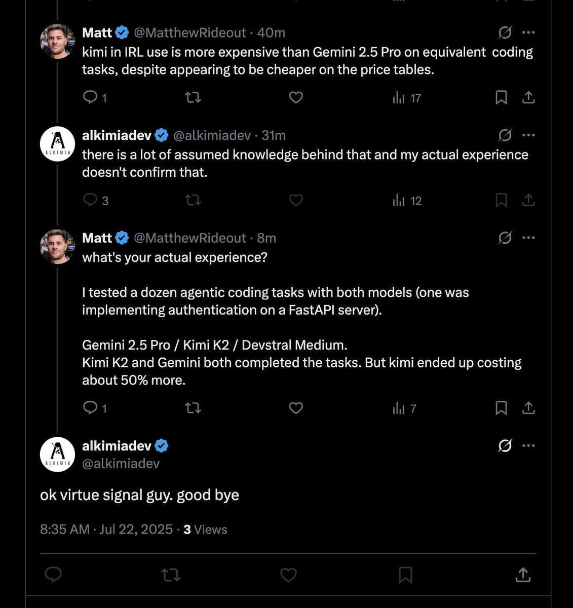 MatthewRideout's tweet image. This guy blocked me for pointing out that Kimi K2 is indeed more expensive to run IRL than Gemini 2.5 Pro despite Groq having lower advertised prices.