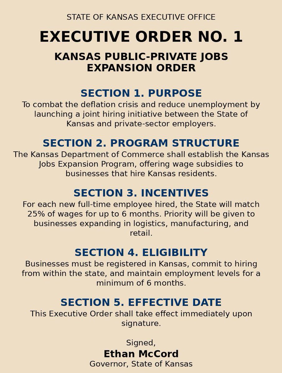 EthanMcCordUSGS's tweet image. Just signed EO No. 1: The Kansas Jobs Expansion Order. We’re teaming up with private industry to create real jobs fast. 25% wage match. Zero red tape. Kansans hired first. Let’s get to work.
(@USGSGovSim)