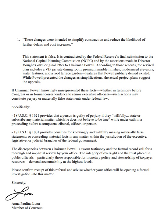 stevegrubershow's tweet image. Rep. Anna Paulina Luna refers Fed Chair Jerome Powell to DOJ for criminal perjury charges
“According to the Federal Reserve’s final submission to the National Capital Planning Commission (NCPC), nearly all of those assertions … are contradicted by the actual project plans,” she…