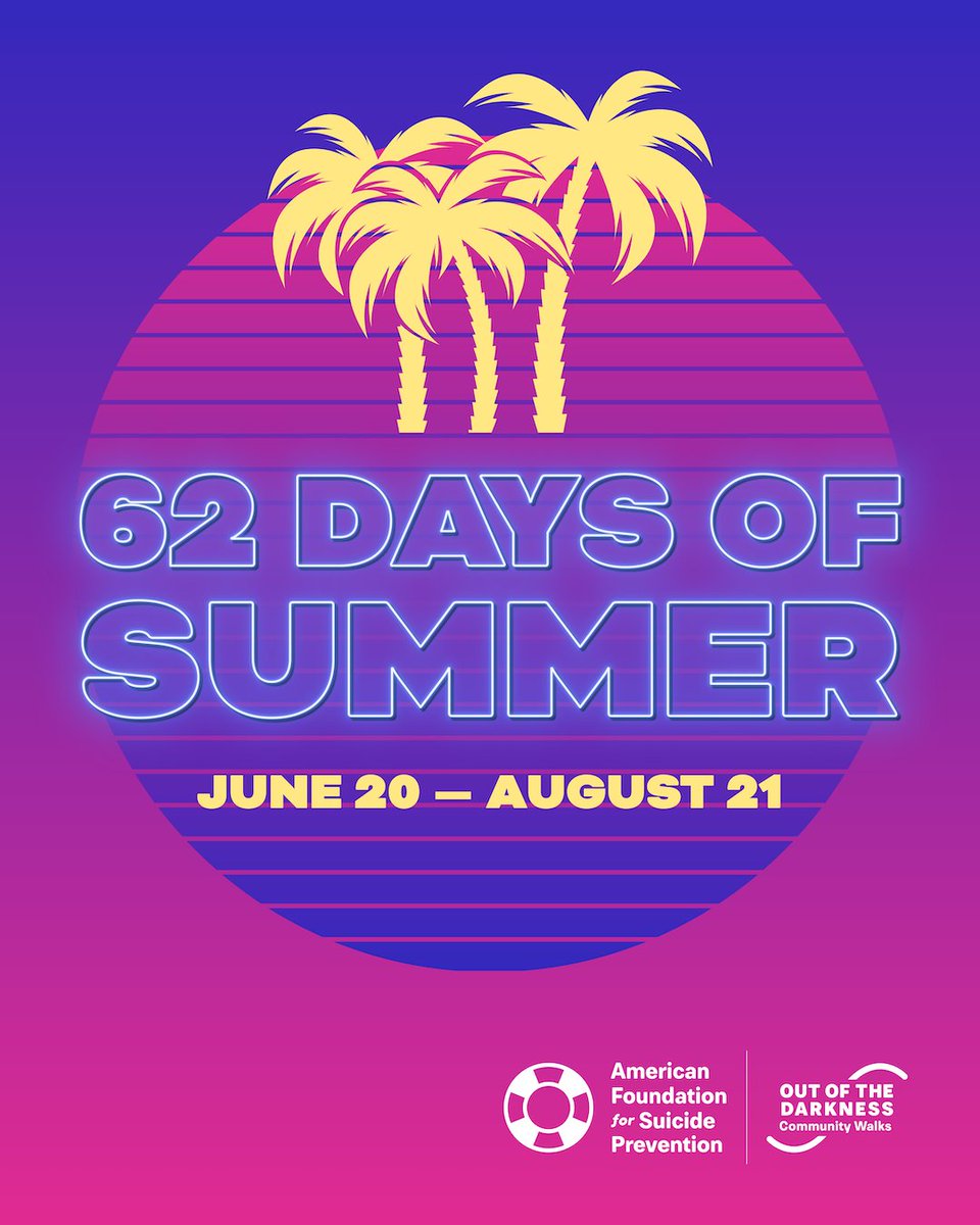 ICYMI: Our 62 Days of Summer challenge is back! Who’s ready to participate?

Anyone attending an upcoming #OutOfTheDarkness Community Walk is welcome to join. Raise $250+ by August 21 to receive an AFSP hat for Walk day!

Get started at afsp.org/62Days