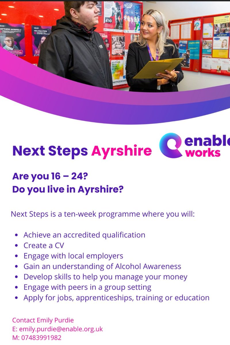 Employability course starting 11th August:
To  attend the course, you must be between ages 16 - 24 &amp; not currently in Education or Employment. If this is for you, you would ideally be comfortable attending within a group setting. Contact details below:
#ENABLEWorks