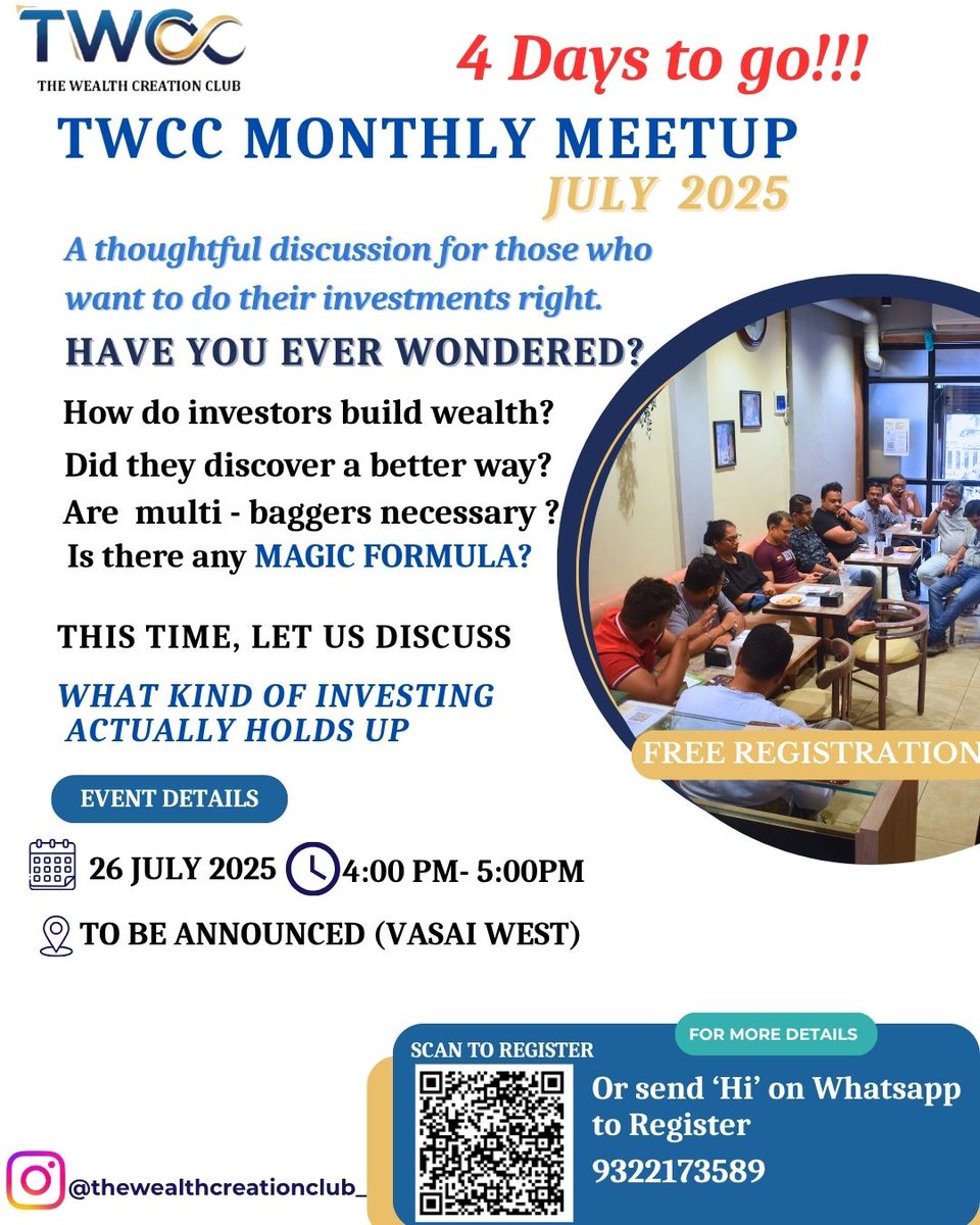 thetwcclub's tweet image. 4 Days to Go!
Still wondering if multibaggers are the only way?
Join the open discussion that could change how you invest.
#TWCC #WealthTalks #SmartInvesting #thewealtcreationclub