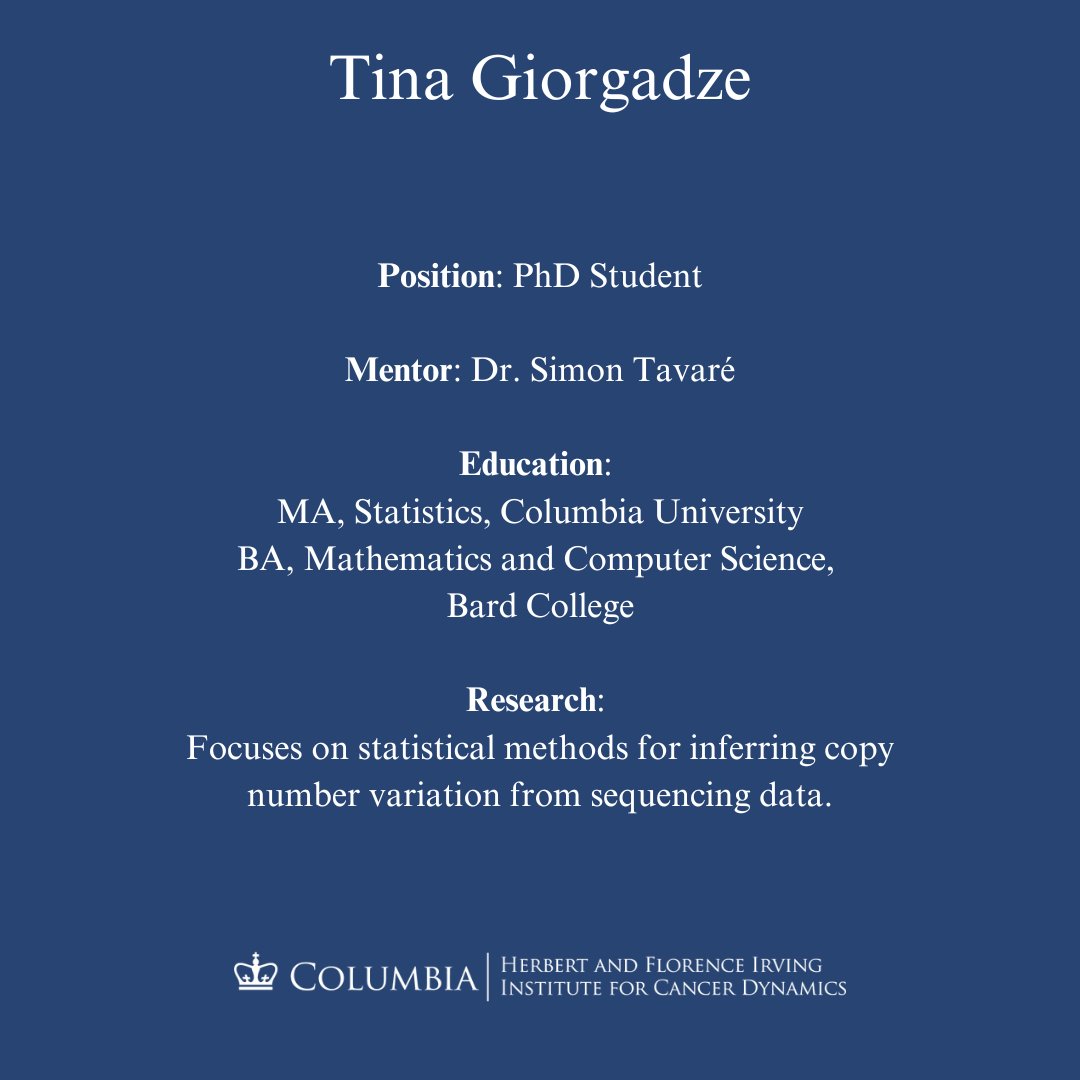 Cancer_dynamics's tweet image. Welcome to IICD, Tina Giorgadze! 👋
A PhD candidate in Statistics,  Tina is mentored by Simon Tavaré. Her research explores statistical  methods for inferring copy number variation from sequencing data and  tumor heterogeneity modeling.
We’re thrilled to have her on board!
#IICD