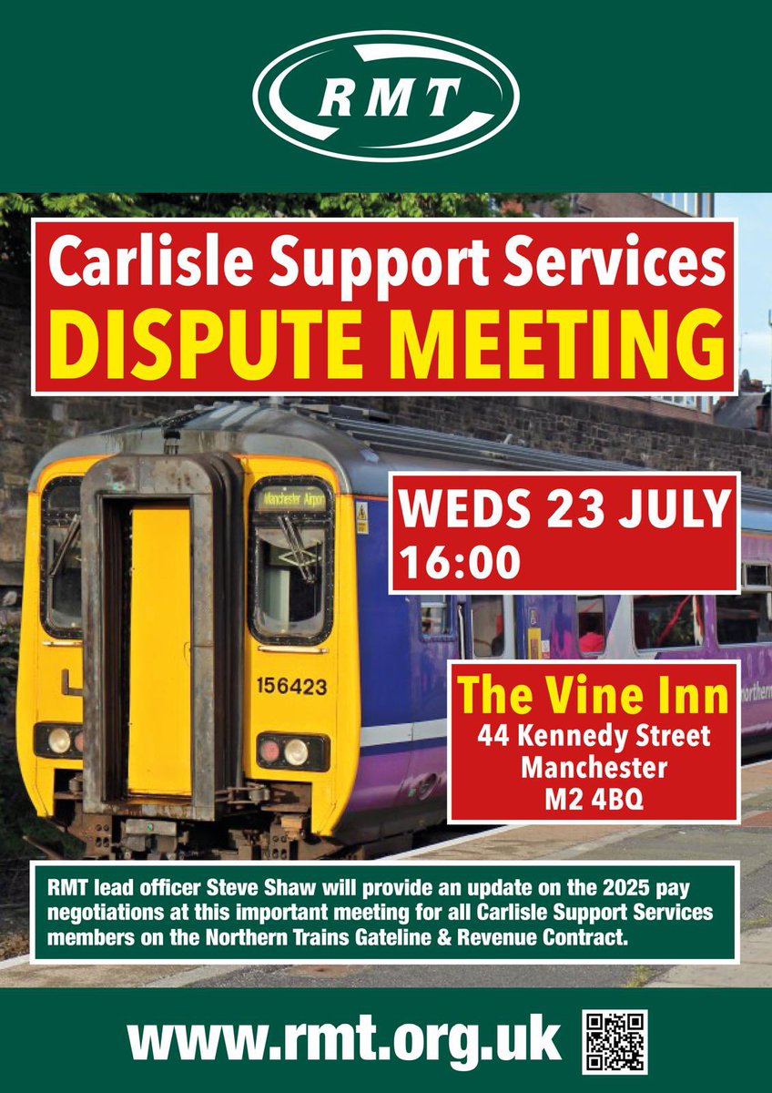 SteveShawRMT's tweet image. Please attend this important dispute meeting tomorrow organised for @RMTunion members employed on the Carlisle Support Services/ Northern Trains revenue contract. Your lead officer Steve Shaw will be providing important updates on the 2025 pay ballot due to commence tomorrow #RMT