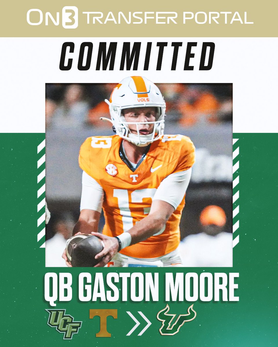 TransferPortal_'s tweet image. BREAKING: Tennessee transfer QB Gaston Moore has signed with USF, @PeteNakos_ reports🤘
on3.com/college/usf-bu…