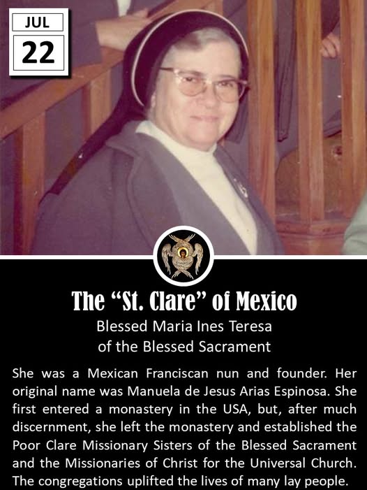 father_rmv's tweet image. Blessed María Inés Teresa of the Blessed Sacrament, born Manuela de Jesús Arias Espinosa on July 7, 1904, in Ixtlán del Río, Nayarit, Mexico, was a remarkable figure in the Catholic Church, known for her profound faith and missionary spirit. The fifth of eight children in a pious…
