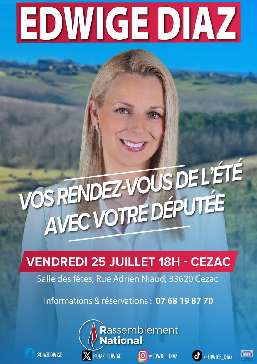 diaz_edwige's tweet image. 🎤 J’aurai le plaisir de vous retrouver vendredi soir à Cézac pour ma 3e réunion publique de l’été !
Inscrivez-vous : 07 68 19 87 70 !