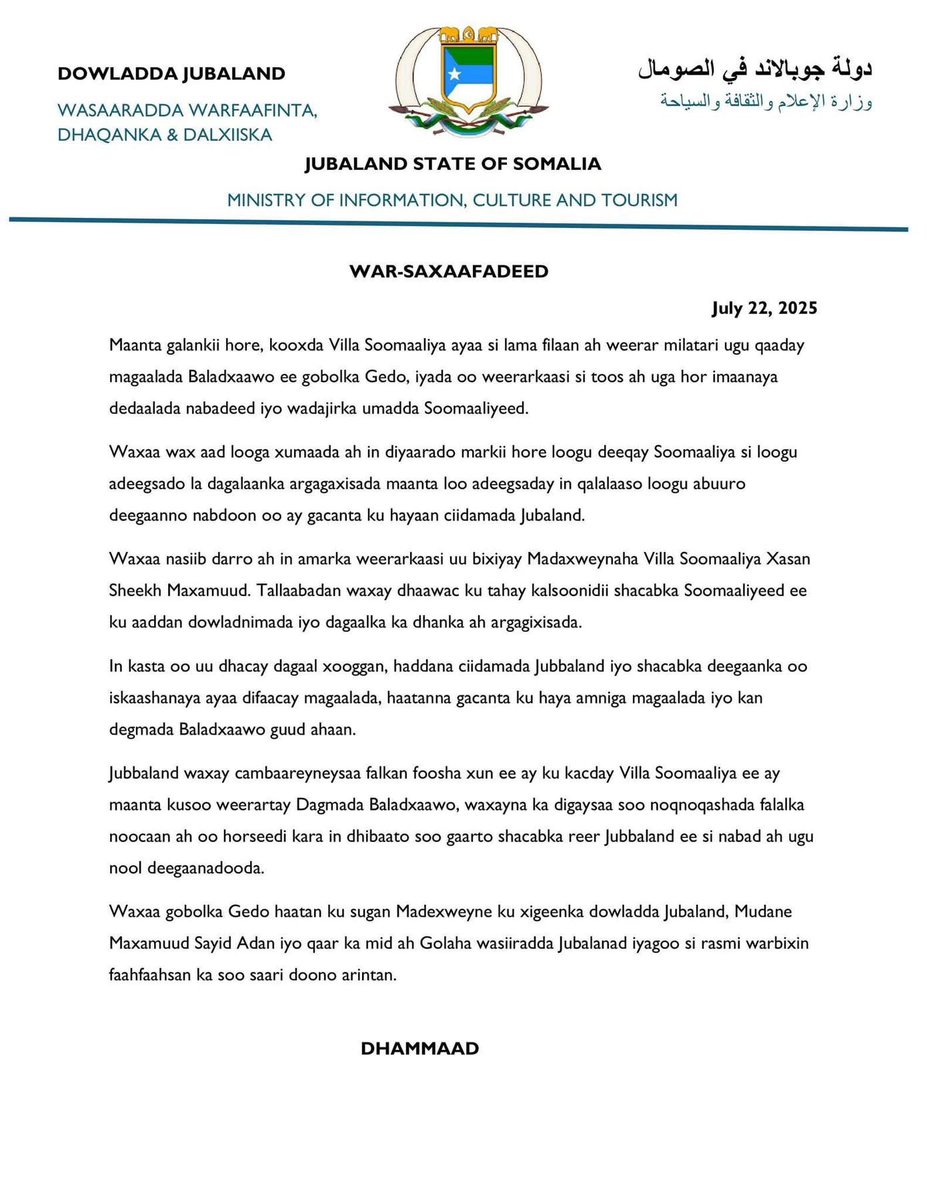 wardisom4's tweet image. Jubbaland condemns the heinous act committed FGs in the Baladxawo district today, and warns against the recurrence of such acts that could lead to harm to the people of Jubbaland who live peacefully in their areas.