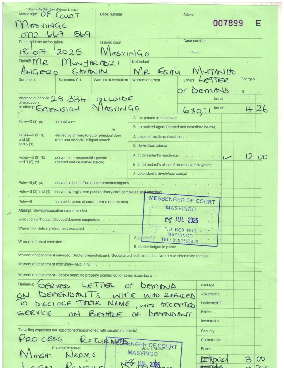 TheMirrorMsv's tweet image. The Messenger of Court Masvingo has successfully served a letter of demand of US$150 000 on Zanu PF activist Esau Mutanho who disrupted an event to launch opposition politician Job Sikhala’s biography at Charles Austin Theatre two weeks ago. The letter was served on Mutanho’s…