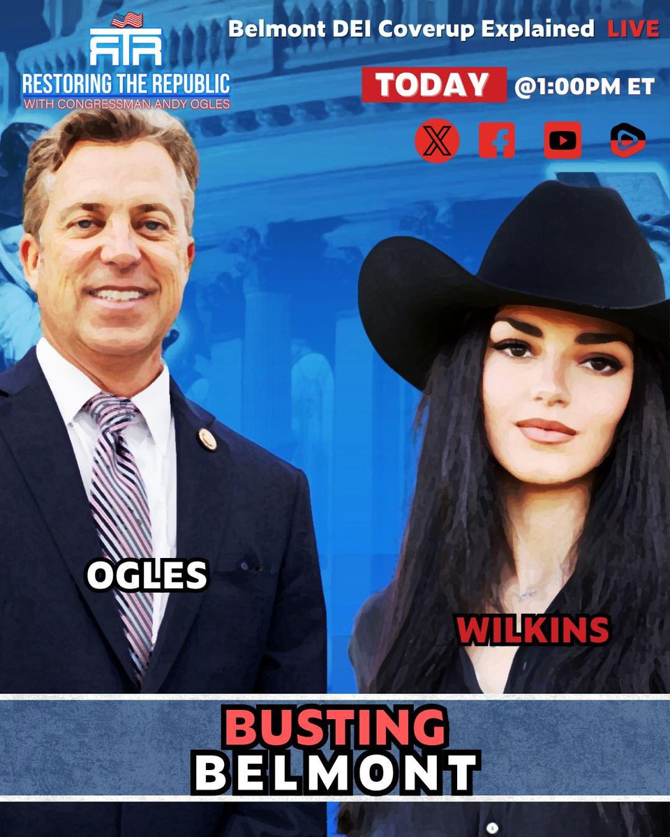 RepOgles's tweet image. 🔵 PATRIOT ALERT
I’ll be going LIVE with @AlexisWilkins—a proud Tennessee patriot and Belmont alum—to expose the truth behind the Belmont DEI coverup.
We’re turning up the pressure on the university to follow federal law and dismantle every last piece of DEI.
Tennessee’s…