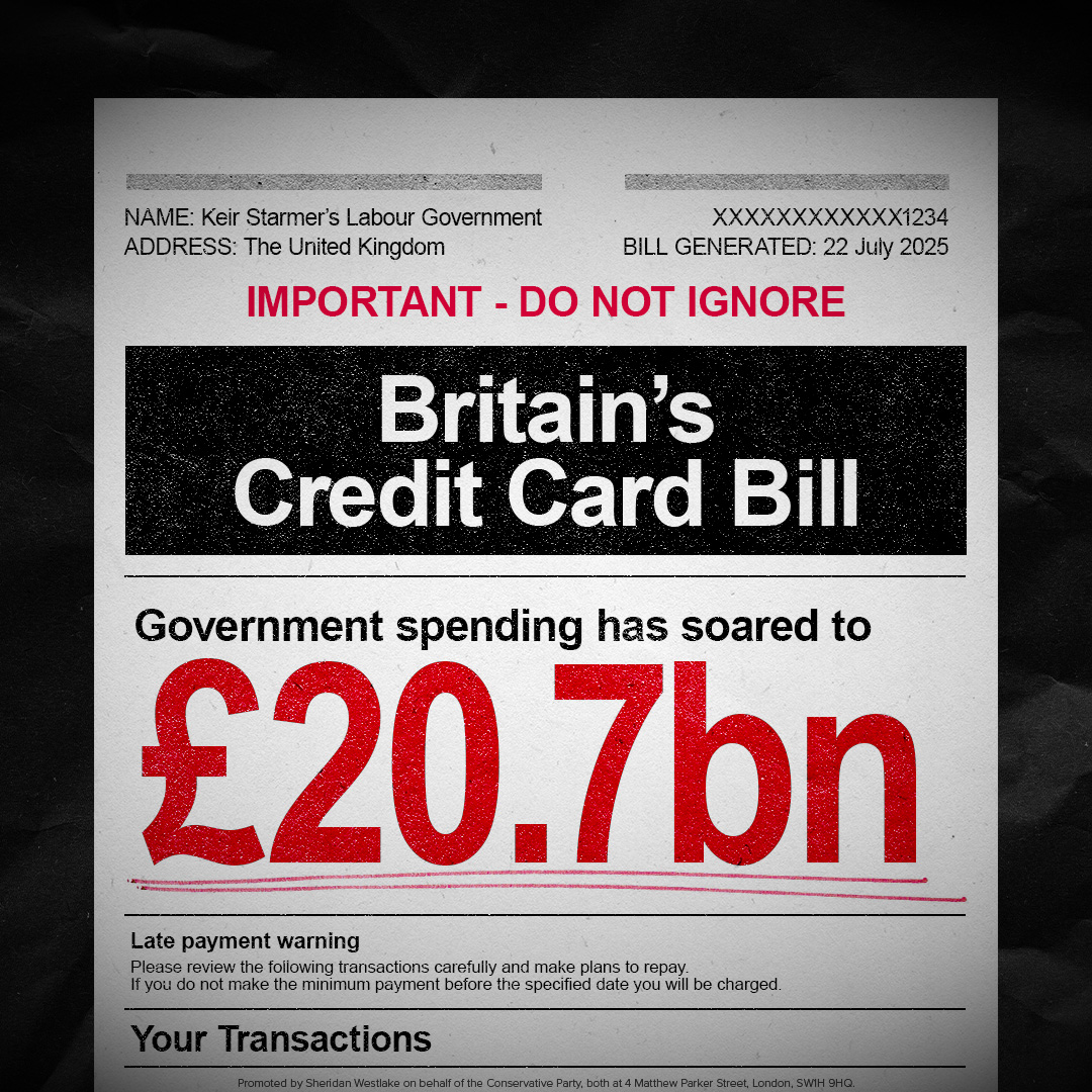 Conservatives's tweet image. The only thing Labour knows how to grow? Debt.
Rachel Reeves has pushed government borrowing up to near-record levels.
And who's going to be paying the bill? You are.