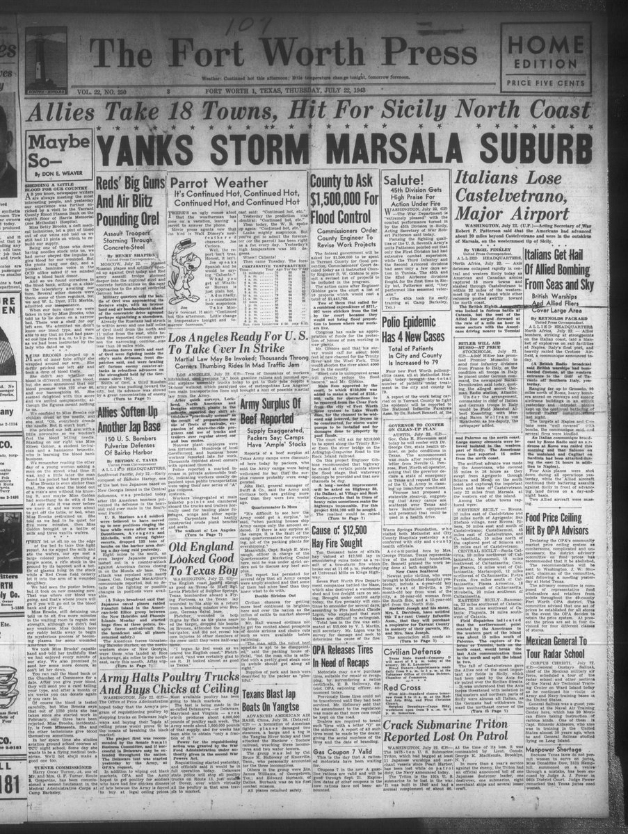ContemTXHist's tweet image. A few front pages from Texas history on July 22. World War II news, elections, the Legislature, and more are covered in these front pages. #Texas