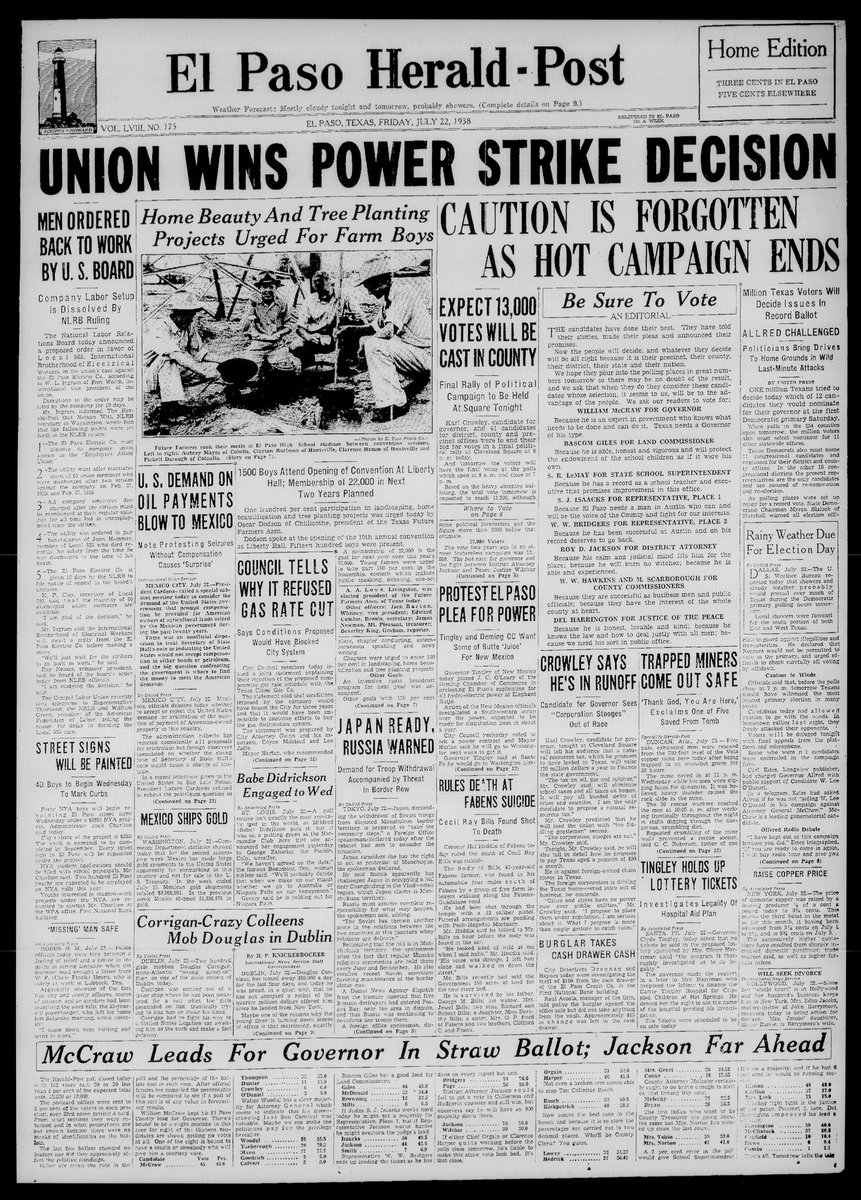 ContemTXHist's tweet image. A few front pages from Texas history on July 22. World War II news, elections, the Legislature, and more are covered in these front pages. #Texas