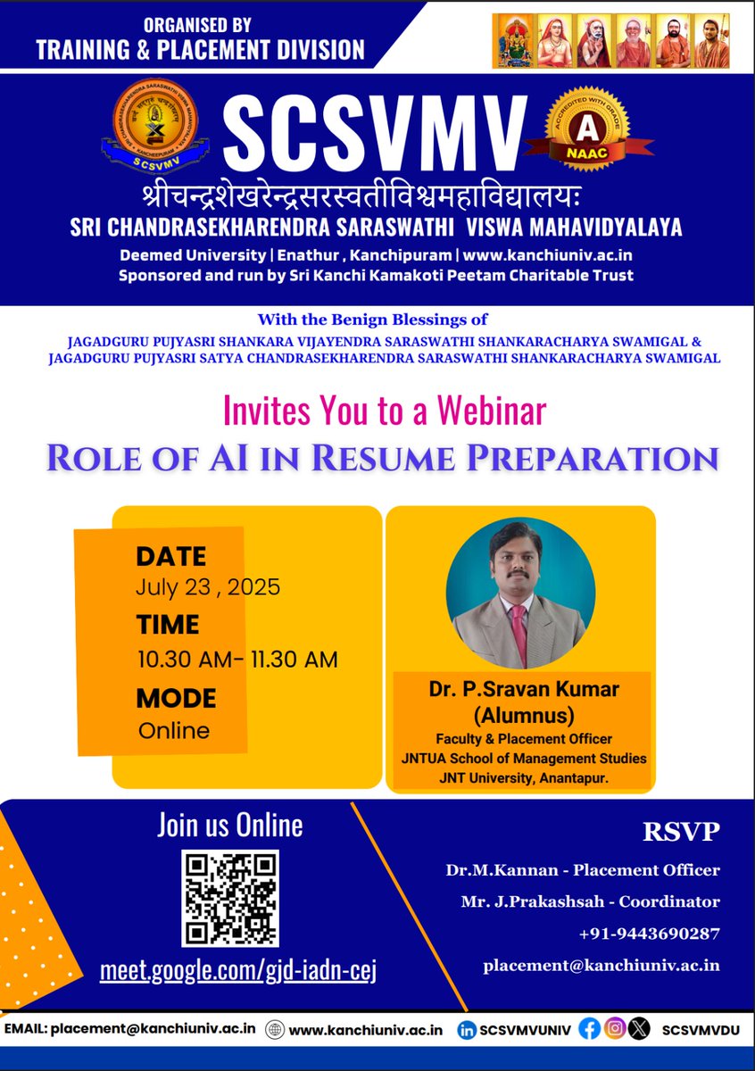Dept. of Training &amp; Placement- SCSVMV Organises Webinar on 'Role of AI in Resume preparation '
Join us @ meet.google.com/gjd-iadn-cej