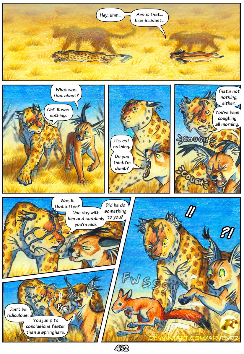 Page 432 of Africa.
Scene change! We go back to Bibi and Mosi, and... an unexpected guest?
- 
NEXT PAGE on PATR/E0N, LINK IN BIO! (Africa is FOUR PAGES AHEAD on PATR/E0N!) 
- 
#webcomic #furryart #furrycomic #leopards #animalcomic