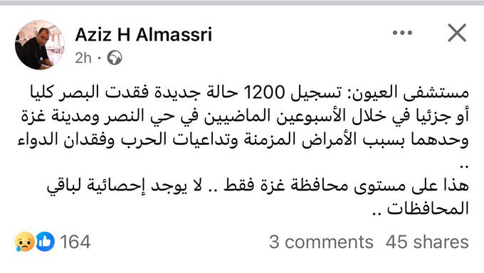 GazaMohi's tweet image. ١٢٠٠ شخص خلال ١٤ يوم فقدوا عيونهم كلياً أو جزئياً في مدينة غزة فقط
احنا بنحكي عن كارثة.