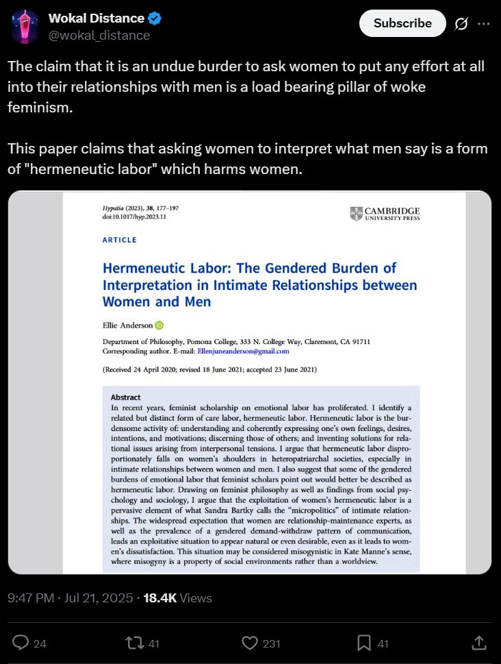 miisaakan's tweet image. Instead of explaining how Anti-Capitalist Feminism critiques women's Emotional Labour as exploitative unpaid care work under Capitalism (which is just another pogrom to help abolish the gender norms of society), Wokal chooses to proclaim that 'Women don't understand men'.
Every…