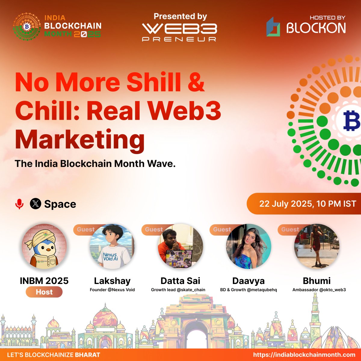 Real Talk, Real Tactics – Web3 Marketing That Works;
No More Shill &amp; Chill: Real Web3 Marketing 

Tired of buzzwords &amp; empty engagement? 🤔

Let’s talk authentic growth, narratives that stick, and what real marketing in Web3 looks like.

🎙️ Twitter Space Tonight | 10 PM IST
