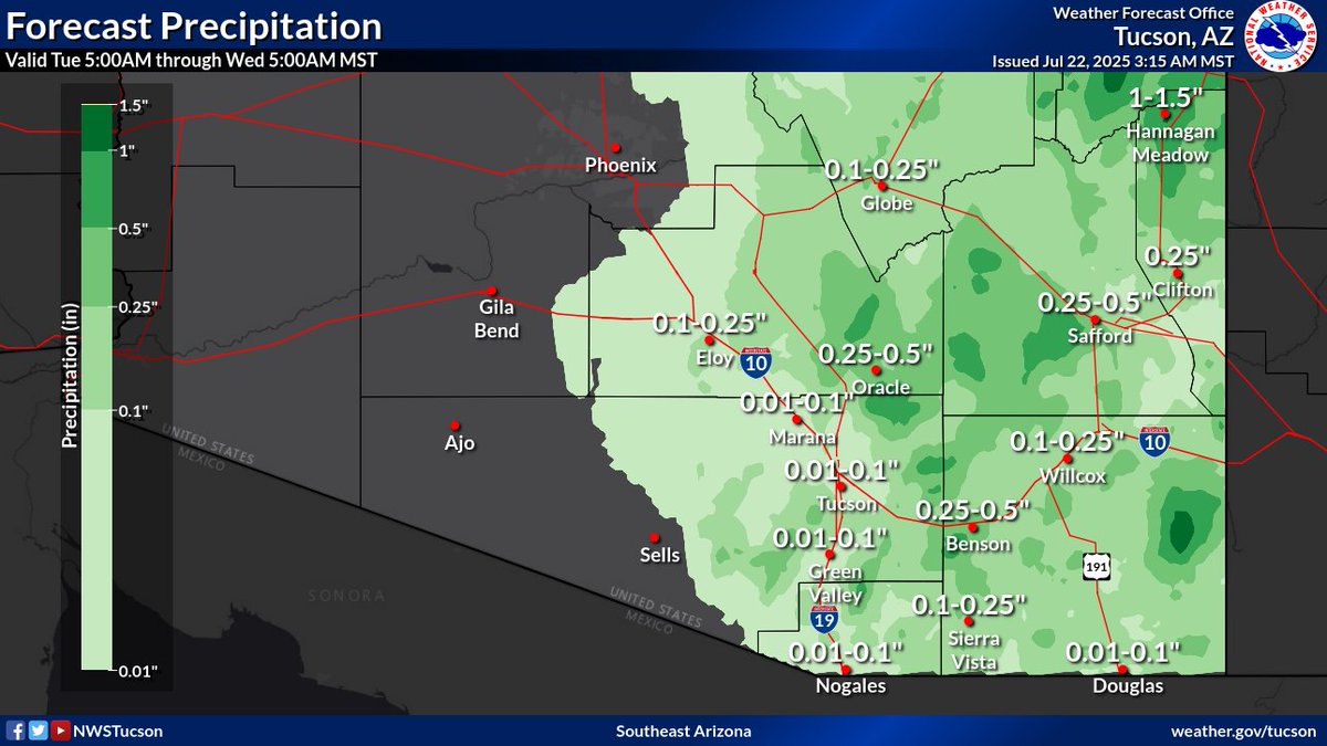 NWSTucson's tweet image. This morning: Mostly cloudy w/a few light showers.
This afternoon: Scattered slow moving showers & thunderstorms w/some storms producing brief heavy rain. @NWSWPC has portion of SE AZ under Slight Risk of Excessive Rainfall leading to flash flooding. Highs below normal. #azwx