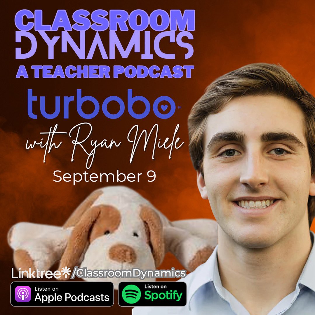ClassDynamics's tweet image. 🎙️Season 5 Premiere – Sept 9! What if a plush therapy dog could transform your classroom? Meet Ryan Miele, founder of Turbobo, the cuddly #SEL tool changing how students manage stress + emotions. 🎧 linktr.ee/ClassroomDynam… 🧸✨#Turbobo #SEL #EdTech #TeacherPodcast #BackToSchool