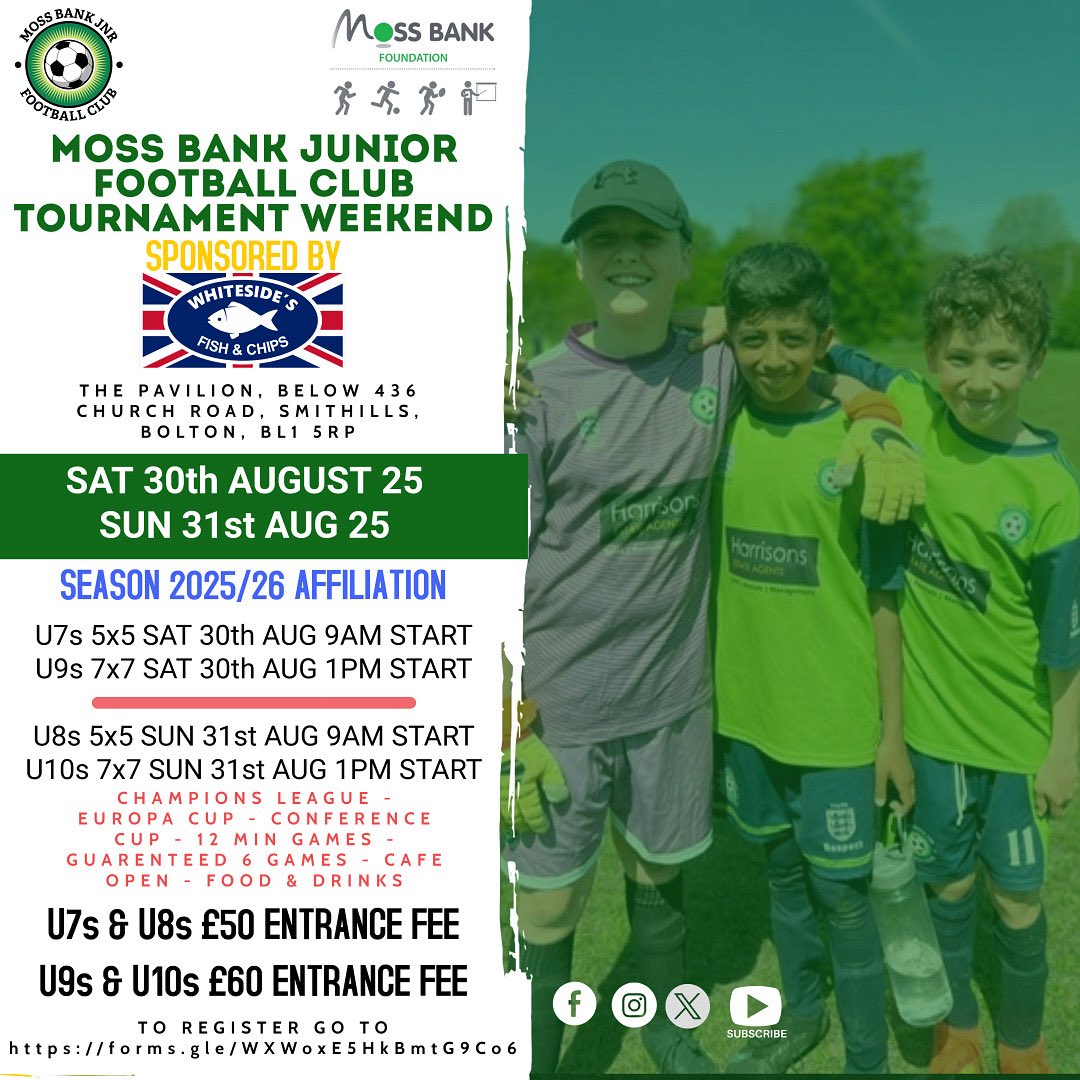 MossBankJFC (@mossbankjfc) on Twitter photo ๐ฃ TOURNAMENT WEEKEND ANNOUNCEMENT โฝ๏ธ
Places going fast! ๐โโ๏ธ๐๐ป๐จ
Moss Bank Junior Football Club is hosting our Season 25/26 Tournament Weekend on 30th & 31st August 2025 ๐๏ธ โ the perfect pre-season event just a week before the league kicks off! โฝ๏ธ
๐ข Age Groups & Availability: ๐ฃ TOURNAMENT WEEKEND ANNOUNCEMENT โฝ๏ธ
Places going fast! ๐โโ๏ธ๐๐ป๐จ
Moss Bank Junior Football Club is hosting our Season 25/26 Tournament Weekend on 30th & 31st August 2025 ๐๏ธ โ the perfect pre-season event just a week before the league kicks off! โฝ๏ธ
๐ข Age Groups & Availability: