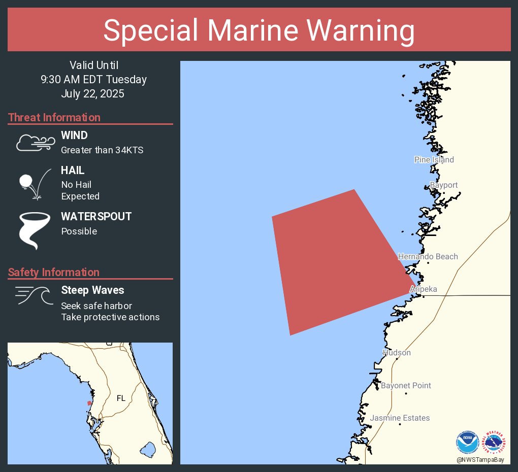 NWSTampaBay's tweet image. Special Marine Warning including the Coastal waters from Tarpon Springs to Suwannee River FL out 20 NM until 9:30 AM EDT
