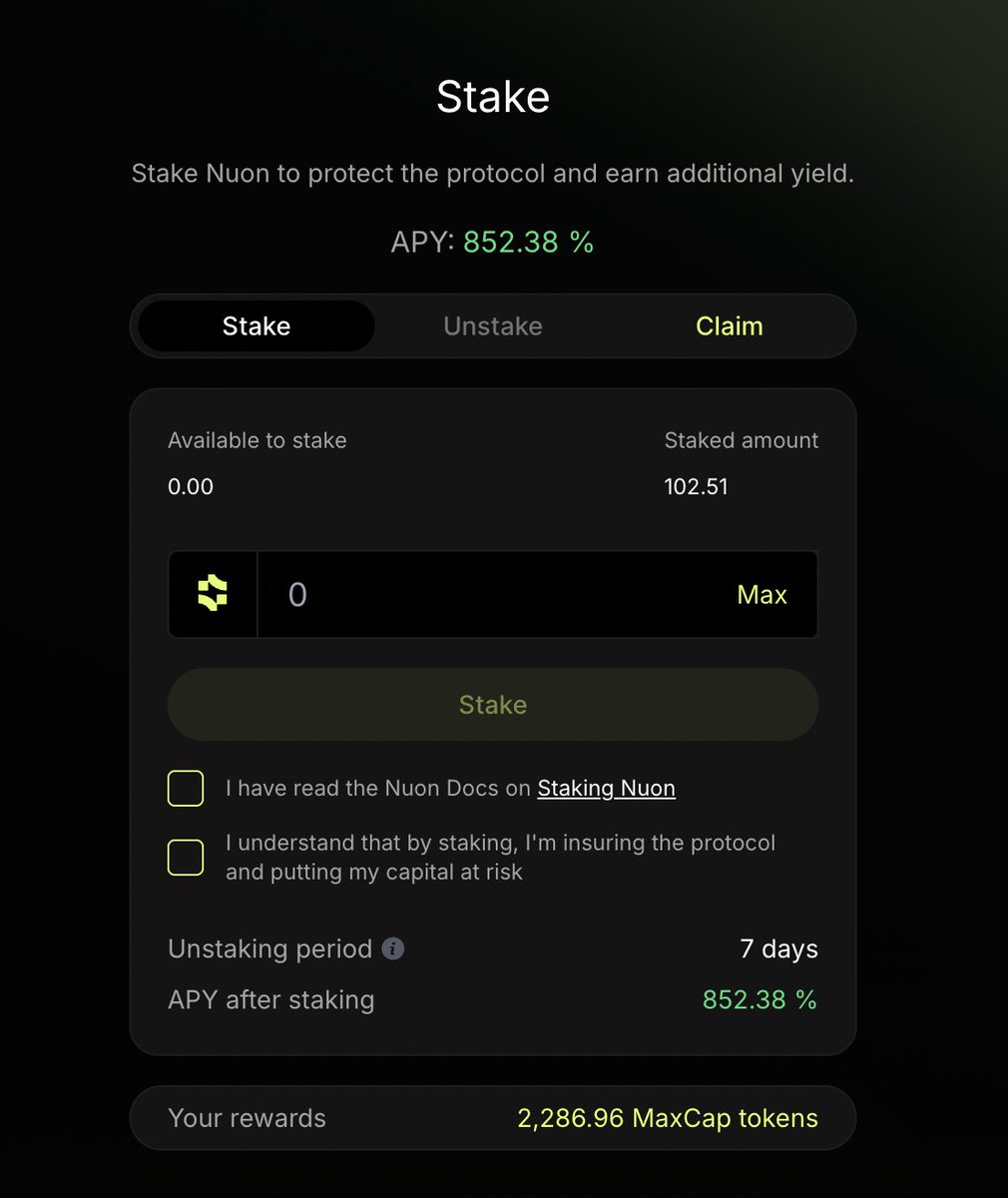 MaxCapVIP's tweet image. Maximum Capital rewards smart capital allocators. 🎯
→ Stake MaxCap
→ Vote on onchain allocations
→ Earn a cut of yields.
Select the optimal yield strategies for the highest upside.
👉 Last chance to stack $MAXCAP FREE by staking $NUON at nuon.app.