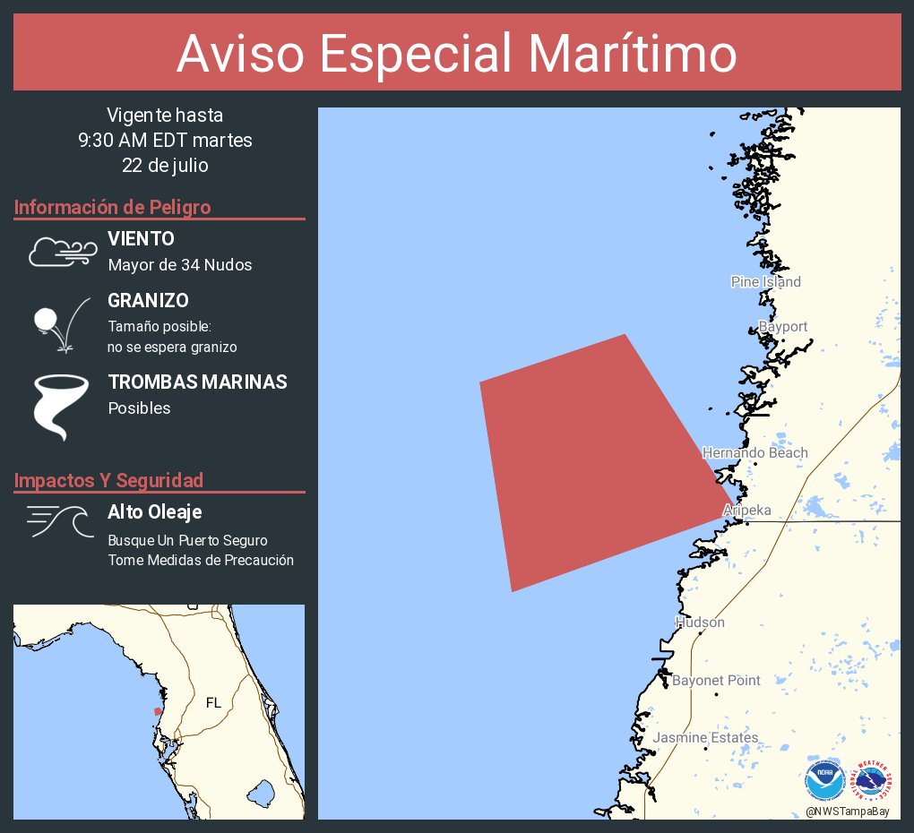 NWSTampaBay's tweet image. Aviso Especial Marítimo incluye Aguas costeras desde Tarpon Springs a Río Suwannee FL hacia afuera 20 MN hasta las 9:30 AM EDT