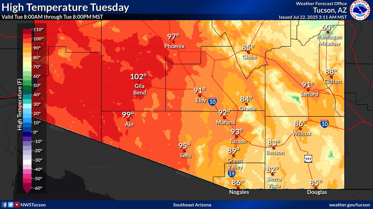 NWSTucson's tweet image. This morning: Mostly cloudy w/a few light showers.
This afternoon: Scattered slow moving showers & thunderstorms w/some storms producing brief heavy rain. @NWSWPC has portion of SE AZ under Slight Risk of Excessive Rainfall leading to flash flooding. Highs below normal. #azwx