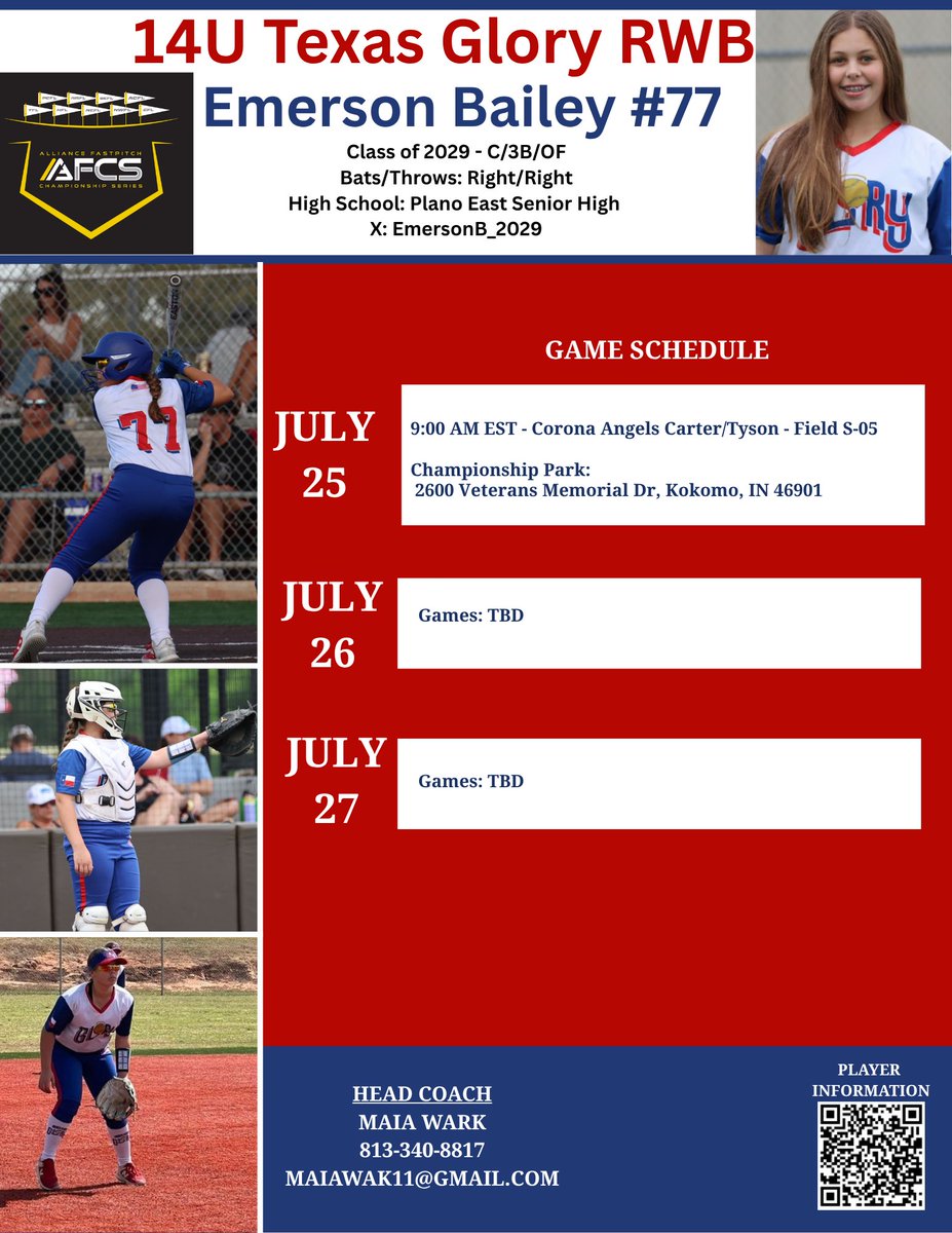 Last tournament of the season, Alliance Championship in Kokomo, Indiana! 

Can't wait to take the field with my team! 

<a href="/TexasGlory/">Texas Glory</a> <a href="/AggieSoftball/">Texas A&M Softball</a> <a href="/thealliancefp/">The Alliance Fastpitch</a> <a href="/TOP_D1RECRUITS/">Softball Top Preps Retweet</a> <a href="/upnextrecruits/">Up Next Recruits</a> <a href="/Sports_Recruits/">SportsRecruits</a> <a href="/Softball_Report/">Softball Scouting Report</a> #eastonghost #texasgloryRWB
