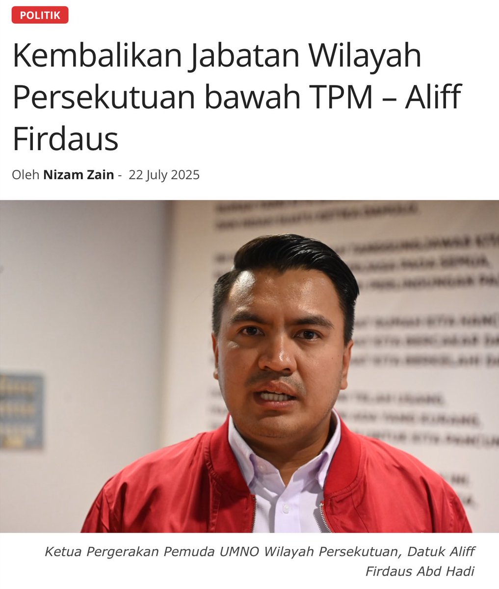 StratCommX's tweet image. Pemuda UMNO Wilayah lulus usul supaya Jabatan Wilayah Persekutuan diletak di bawah TPM @DrZahidHamidi
“Ini bukan sekadar cadangan teknikal pentadbiran, tetapi satu keperluan strategik untuk masa depan negara.” - Aliff Firdaus