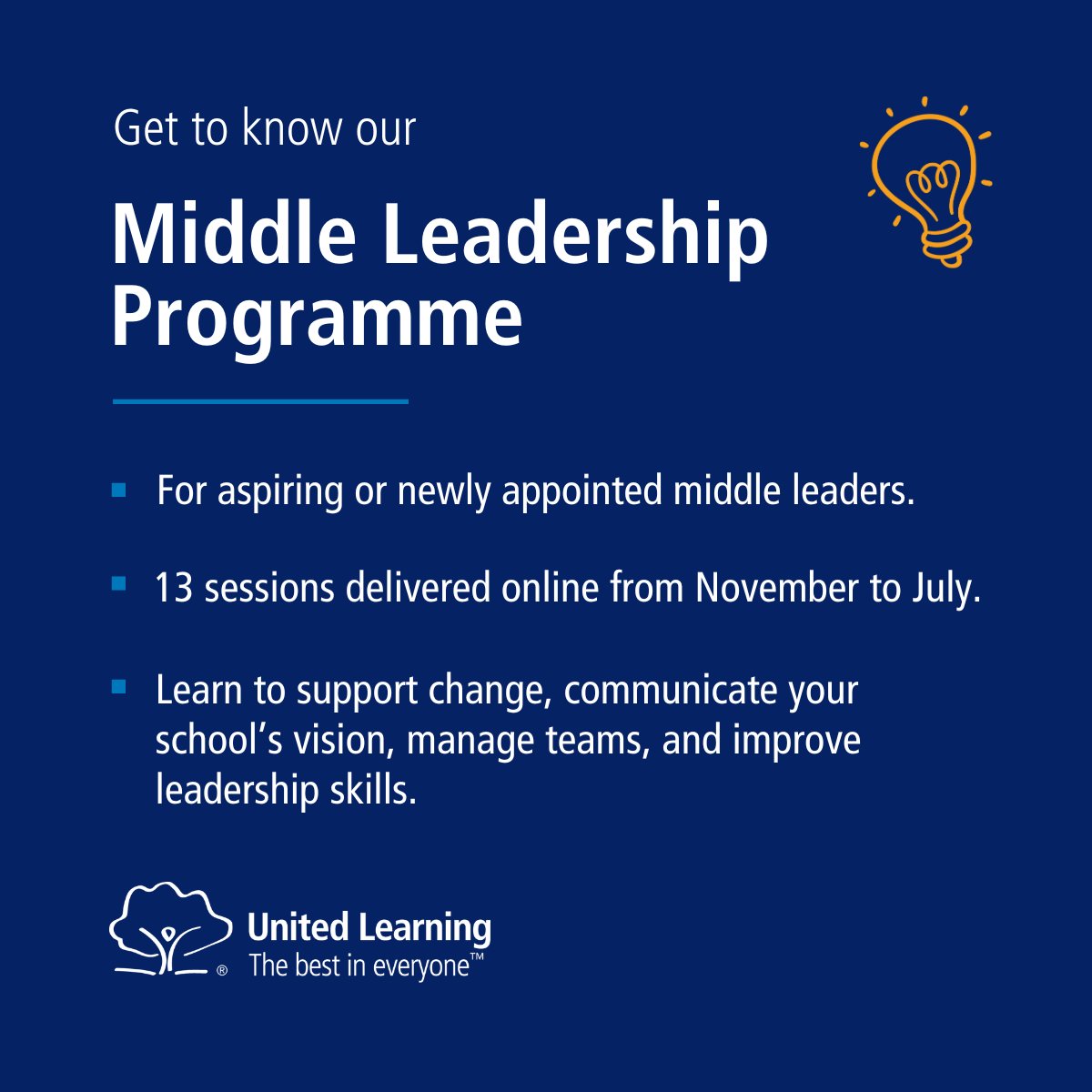 UnitedLearning's tweet image. Great middle leaders improve education for all pupils 🙌
Our programme gives you the tools and support to excel in your middle leadership role and improve teaching and learning in your school.
Boost your leadership skills: ow.ly/Bbir50WlvvU
#CPD