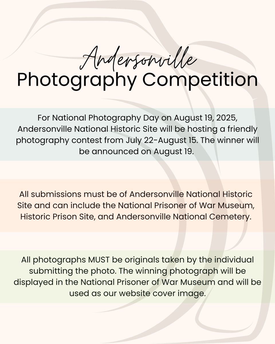 Andersonville NHS (@andenhs) on Twitter photo Join our Photography Competition from July 22-August 15! Submit to Ranger Grace at grace_surber@nps.gov. 📸
#Photo #ANDE #Photography #AndersonvilleNHS #CaptureHistory Join our Photography Competition from July 22-August 15! Submit to Ranger Grace at grace_surber@nps.gov. 📸
#Photo #ANDE #Photography #AndersonvilleNHS #CaptureHistory