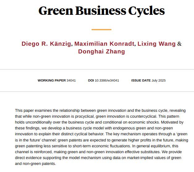 NBER (@nberpubs) on Twitter photo Showing empirically that green innovation is countercyclical and explaining it with a model where backloaded profits make green research and development less sensitive to downturns, from <a href="/drkaenzig/">Diego Känzig</a>, @maxkonradt, Lixing Wang, and <a href="/DonghaiZhang3/">Donghai Zhang</a> nber.org/papers/w34041 Showing empirically that green innovation is countercyclical and explaining it with a model where backloaded profits make green research and development less sensitive to downturns, from <a href="/drkaenzig/">Diego Känzig</a>, @maxkonradt, Lixing Wang, and <a href="/DonghaiZhang3/">Donghai Zhang</a> nber.org/papers/w34041