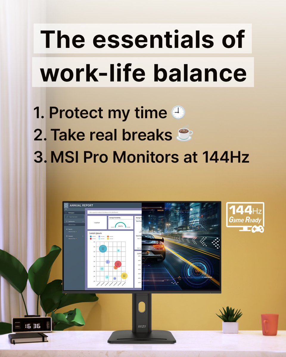 Balance is not just an expectation🙌
⏰ Set boundaries
☕ Step away when you need to
✅ Choose a MSI’s 144Hz Pro Monitors that handles smooth multitasking and gaming.

What’s else on your essentials list?

Explore MSI Pro Monitors🔍msi.gm/S332E723

#ProSeries #Monitor