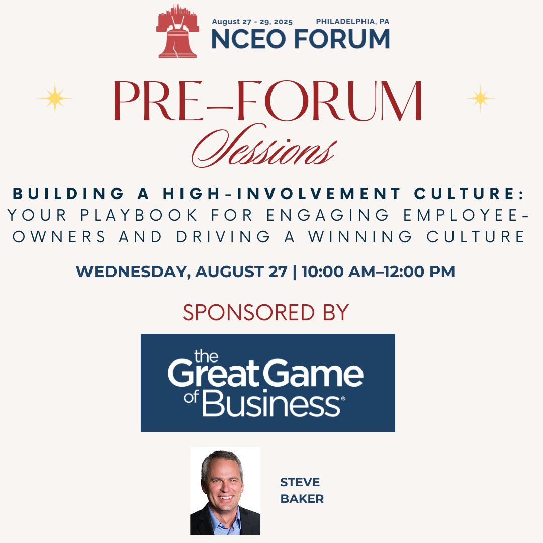 theNCEO's tweet image. Ready to transform your team? Join Steve Baker from the Great Game of Business for an exclusive Pre-Forum session that reveals the proven playbook for getting everyone at every level engaged in your business success.
forum.nceo.org/registration