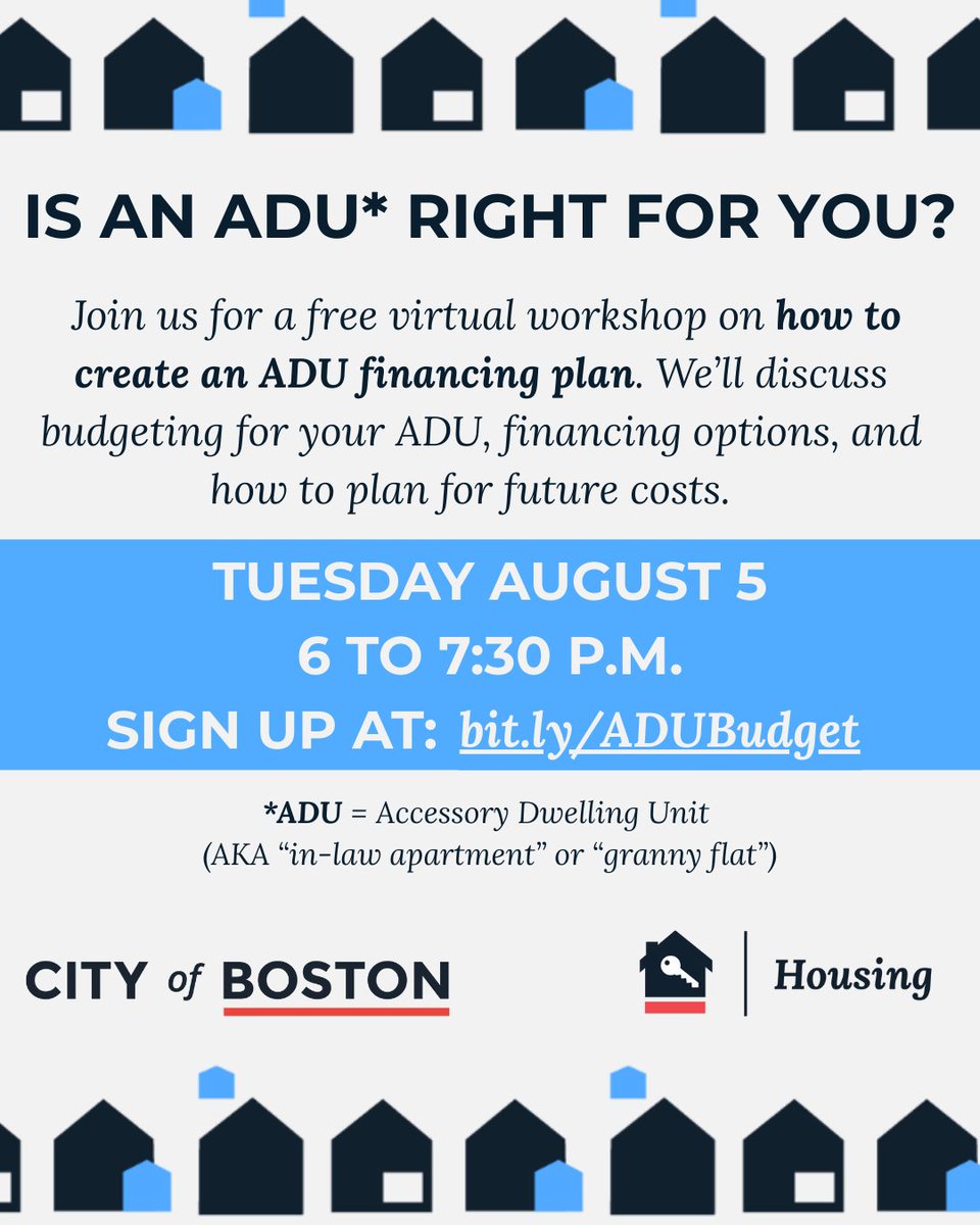 BostonNeighbor's tweet image. The Mayor’s Office of Housing is hosting a FREE virtual workshop on how to create an ADU financing plan on Tuesday, August 5th! If you're wondering how to pay for an ADU or interested in learning about financial assistance, make sure to sign up here: Bit.ly/ADUBudget