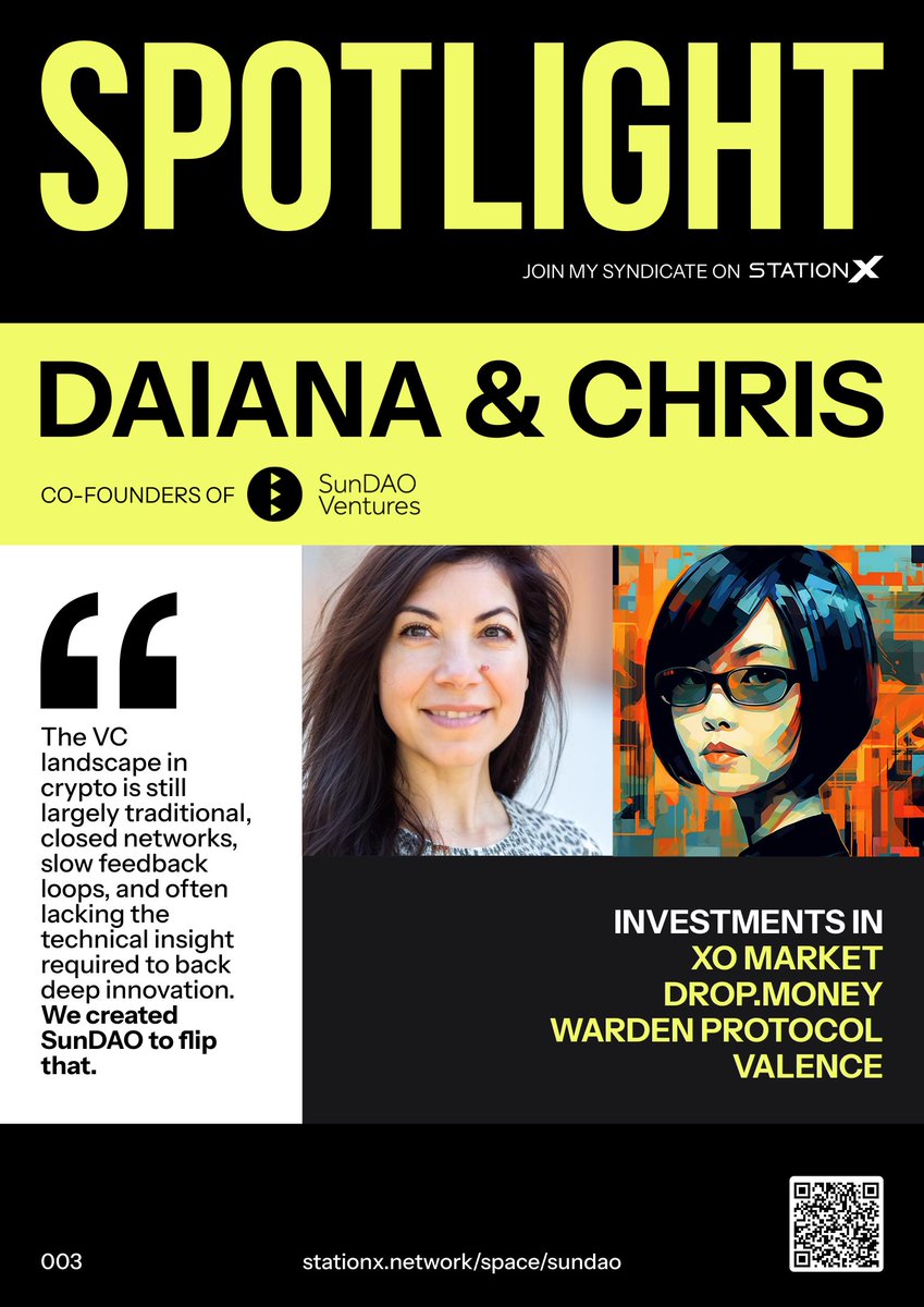 StationX (@stationxnetwork) on Twitter photo Out now: Spotlight 003 - SunDAO Ventures
Today, we spotlight Daiana (<a href="/DaianaM007/">Daiana 🔶️</a>) and Chris (<a href="/cosmicyen/">Chris Zhong</a>), managers of <a href="/sundaoventures/">SunDAO</a> Investment DAO on StationX, about their backgrounds, investment thesis, and more.
SunDAO is home to over 60 active members, including reputable Out now: Spotlight 003 - SunDAO Ventures
Today, we spotlight Daiana (<a href="/DaianaM007/">Daiana 🔶️</a>) and Chris (<a href="/cosmicyen/">Chris Zhong</a>), managers of <a href="/sundaoventures/">SunDAO</a> Investment DAO on StationX, about their backgrounds, investment thesis, and more.
SunDAO is home to over 60 active members, including reputable