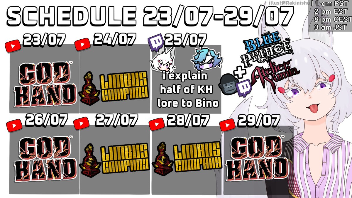 tenmamaemi's tweet image. 🍶🐺こんきつ!This is my schedule ! !🐺🍶
i just wanna finish canto 7 and god hand lmao
Collabo with mister bino is at 10 am PDT/ 1 pm EDT / 2 am JST / 7 pm CEST
There is also a chance Me Pippa Uruka and Lia to play PEAK as well soon. stay tuned!
🔴LIVE #きつらいぶ #MaiLIVE🔴…